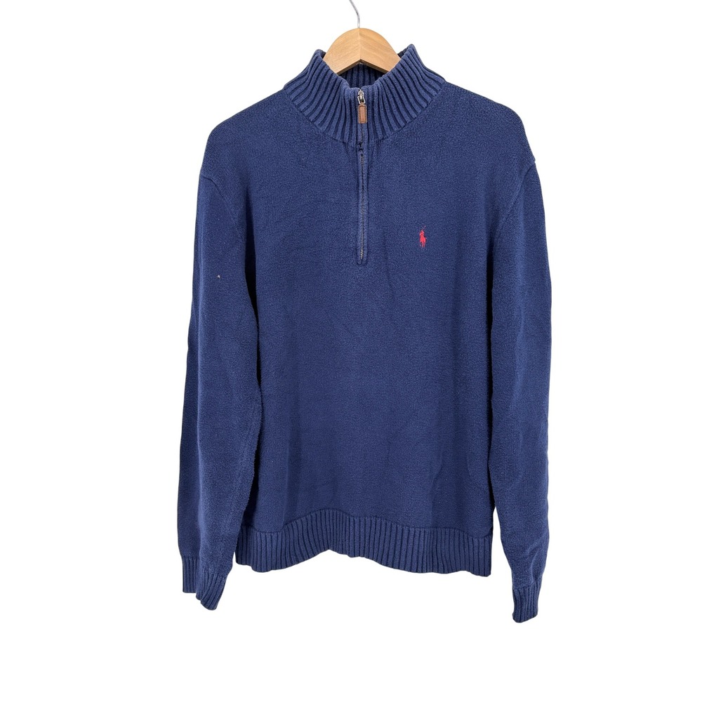 Polo Ralph Lauren 1/4 Zip Sweater Mens Large Blue Cotton Red Pony Logo Pullover